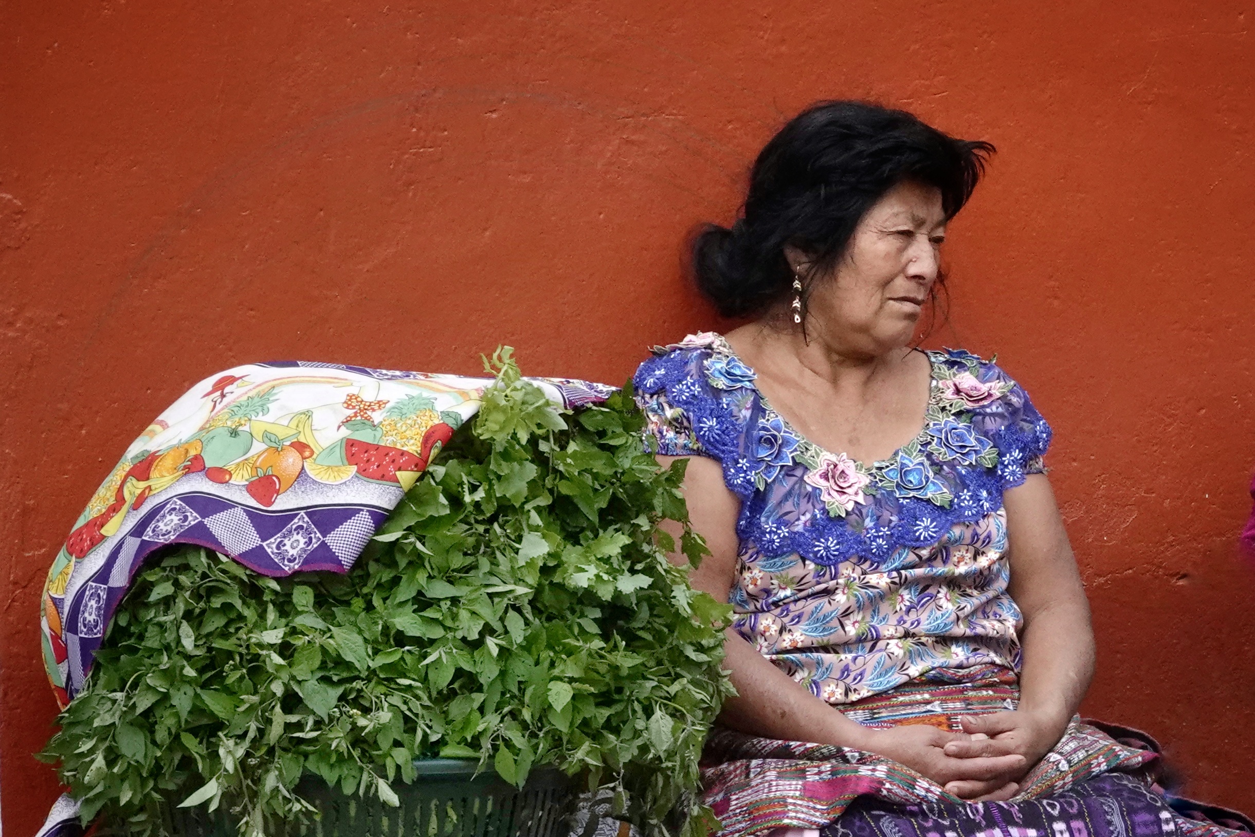 Femme maya devant un mur rouge